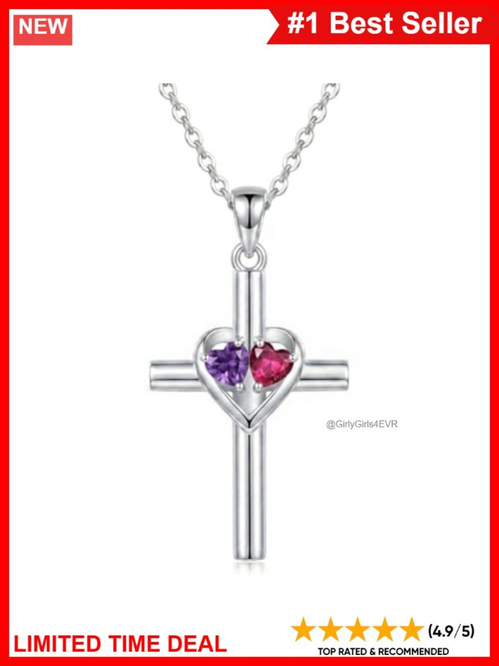 18K White Gold Plated Birthstone Cross Pendant Necklace Adjustable Chain